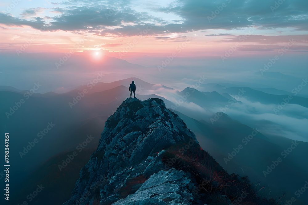 Man standing on top of the mountain, expressing gratitude and looking into the distance with a sense of achievement and peace.