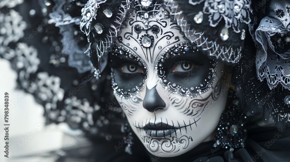 Stylish woman wearing intricate skull makeup, adorned with black lace and silver accents, evoking a mysterious aura Stylish woman wearing intricate skull makeup, adorned with black lace and silver accents, evoking a mysterious aura