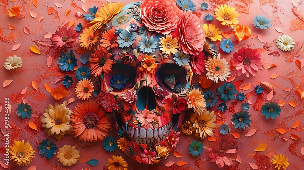 Whimsical design of a skull painted with bright floral patterns, surrounded by a halo of scattered flower petals, vibrant and lively - obrazy, fototapety, plakaty 
