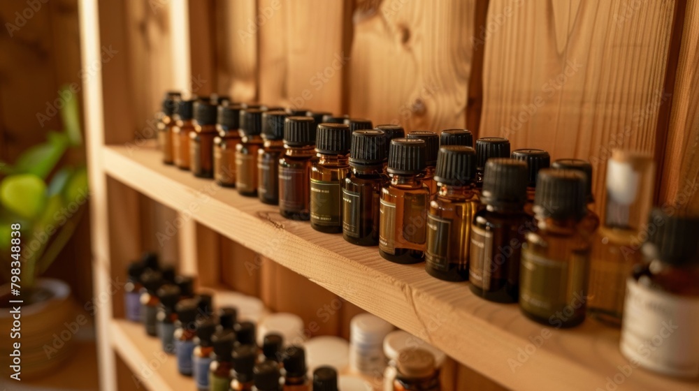 An array of healing essential oils sit on a shelf near the entrance of the sauna providing a gentle scent and added benefits for sauna users..