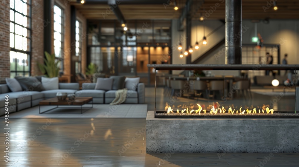A contemporary fireplace with clean lines and a glass surround adds a touch of sophistication to the industrialstyle loft. 2d flat cartoon.