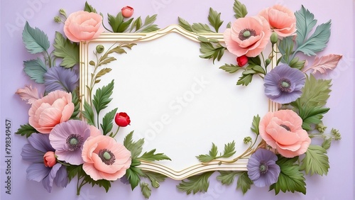 Vintage floral frame with pink, purple color poppy flowers and gradient lilac background, empty space for writing, frame with garden flowers and leaves