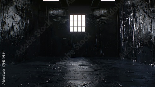 frontal view a black wall made of latex, there is a rectangle windows in the middle, the scene takes place in a very dark workshop photo