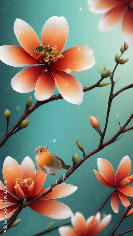 Colorful flowers with birds in the garden. Serene natural beauty. Colorful flowers with birds in the garden. Serene natural beauty.