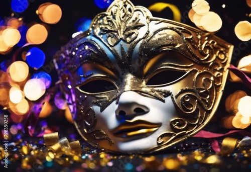 'luxury carnival background. dark confetti mask Realistic festival party fantasy gold masquerade feather venetian venice brazil mardi art celebration decoration design cos' © sandra
