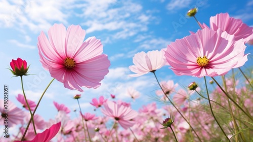 Pink cosmos field sky outdoors blossom.