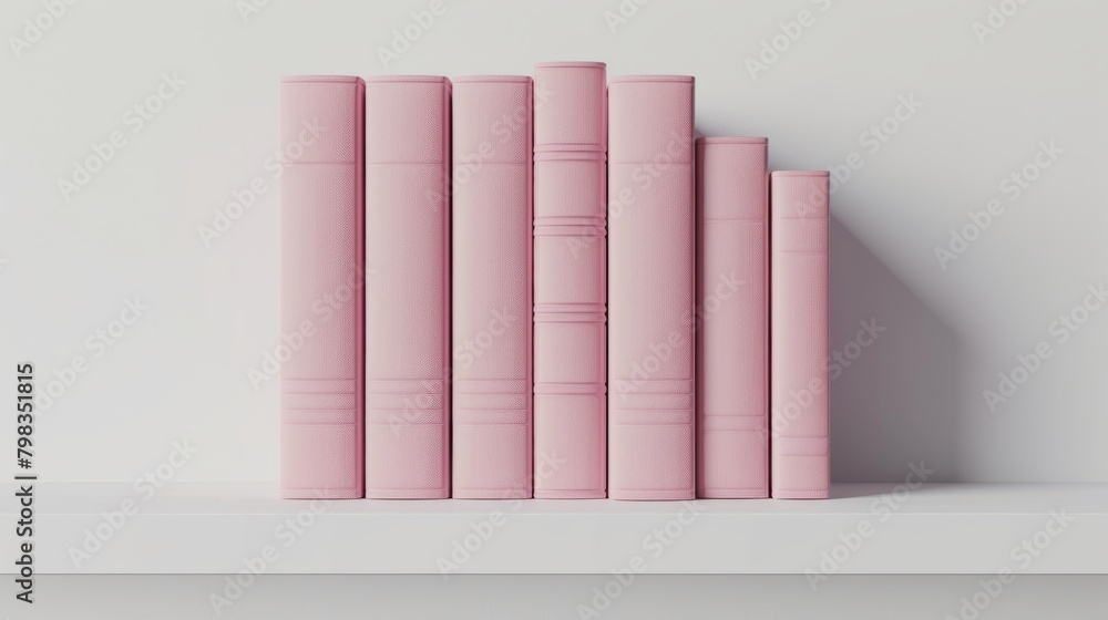 Arrange the pile of pink books on the shelf. Position the books in a natural, slightly uncluttered way. Place the shelf against a clean, white background to make the colors and details of the books Arrange the pile of pink books on the shelf. Position the books in a natural, slightly uncluttered way. Place the shelf against a clean, white background to make the colors and details of the books