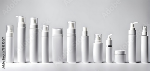  set of pile white blank cosmetic skincare container tube packaging dispenser bottle on white background cutout, Many different design Mockup template for artwork 