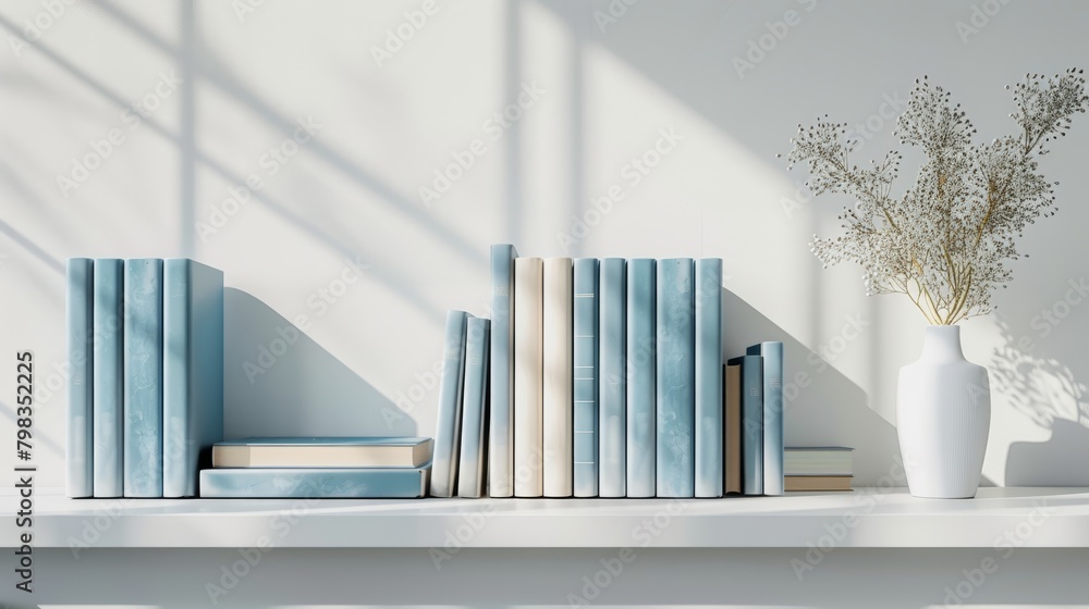 Arrange the pile of blue books on the shelf. Position the books in a natural, slightly uncluttered way. Place the shelf against a clean, white background to make the colors and details of the books Arrange the pile of blue books on the shelf. Position the books in a natural, slightly uncluttered way. Place the shelf against a clean, white background to make the colors and details of the books