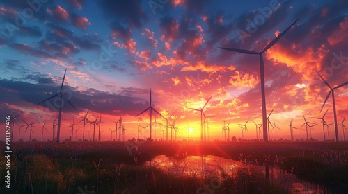 Modern wind farm at sunset with a thriving community in the background, depicting job creation photo