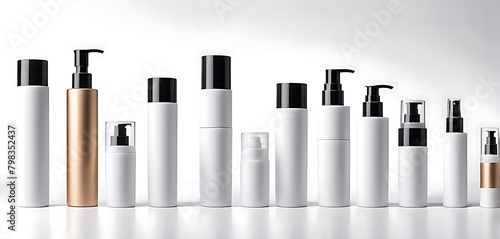  set of pile white blank cosmetic skincare container tube packaging dispenser bottle on white background cutout, Many different design Mockup template for artwork 