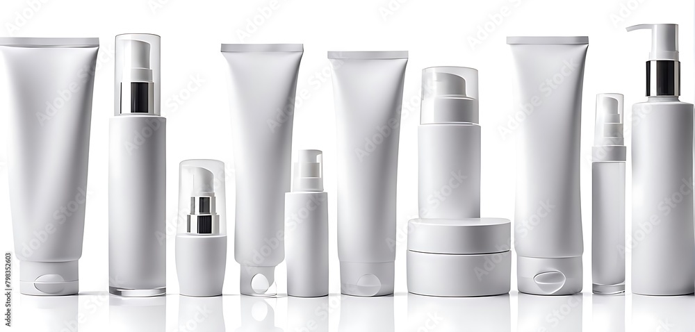 set of pile white blank cosmetic skincare container tube packaging dispenser bottle on white background cutout, Many different design Mockup template for artwork set of pile white blank cosmetic skincare container tube packaging dispenser bottle on white background cutout, Many different design Mockup template for artwork