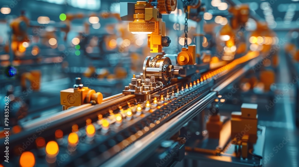 Busy factory floor powered entirely by renewable energy, showcasing efficiency and sustainability Busy factory floor powered entirely by renewable energy, showcasing efficiency and sustainability