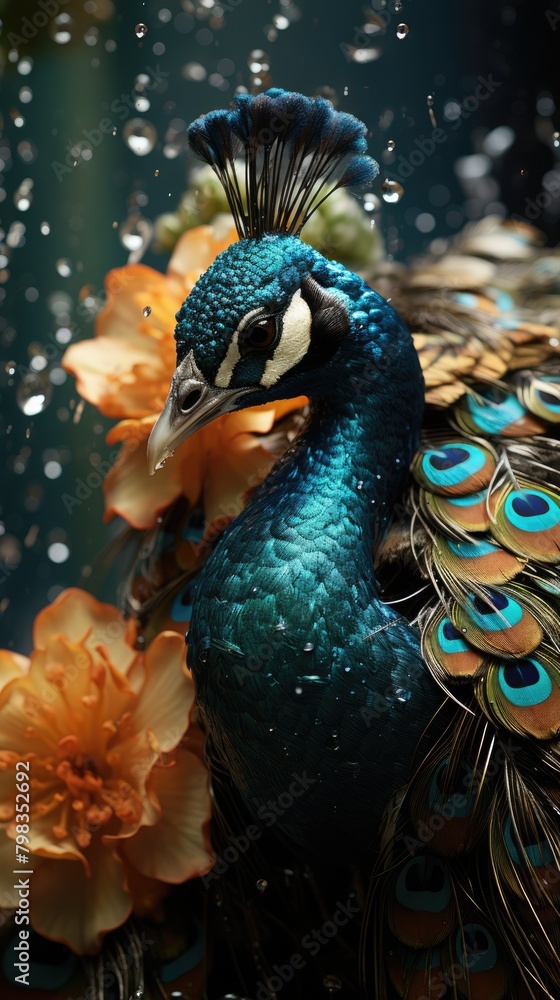 Obraz premium Vibrant peacock, a stunning display of nature's beauty, showcasing the colorful plumage and elegant presence of this majestic, a symbol of grace and elegance.
