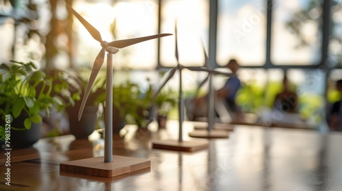 Business meeting with models of wind turbines on the table, discussing investment in renewables