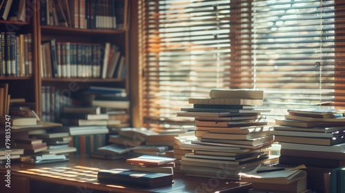 Defocused sunlight filtering through the blinds creating a warm glow in the cluttered shelves and piles of books on the desk of a passionate librarian. .