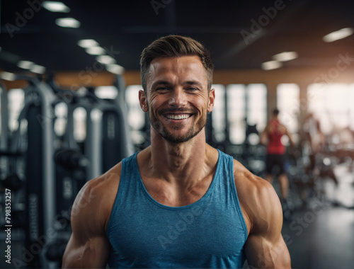 fitness sport man on blur gym background  banner concept