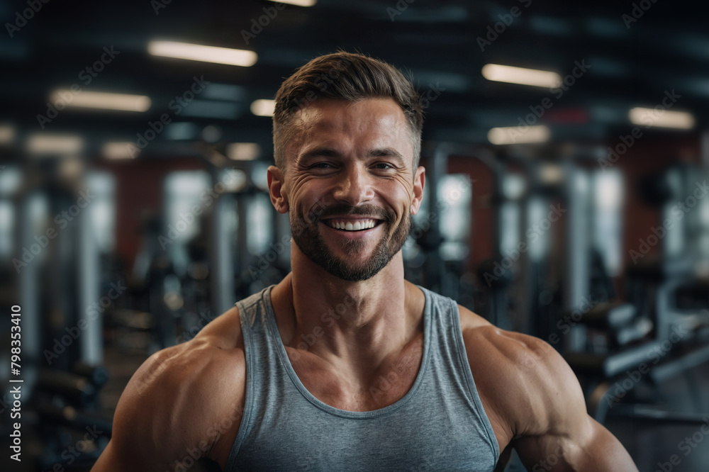 Obraz premium fitness sport man on blur gym background, banner concept