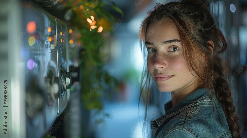 Tech-Driven Comfort: Girl Observes Smart Thermostat for Heating Tech-Driven Comfort: Girl Observes Smart Thermostat for Heating