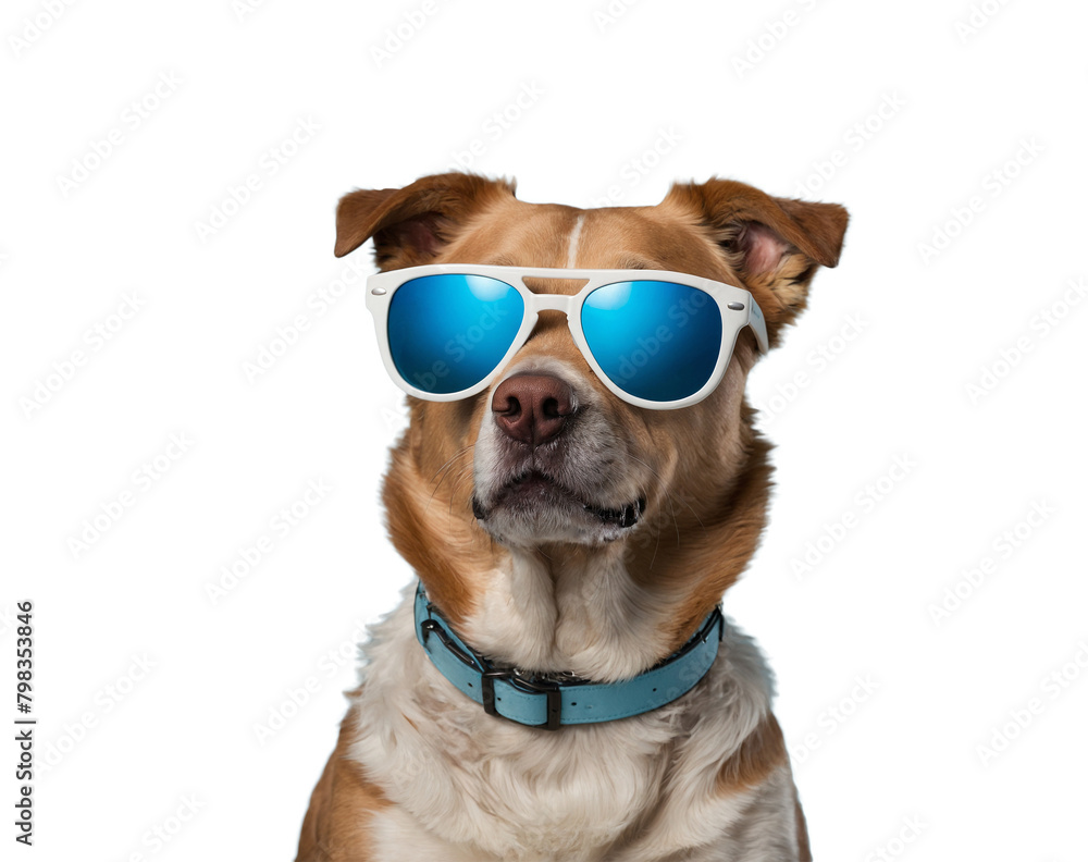 Summer dog wearing white sunglasses