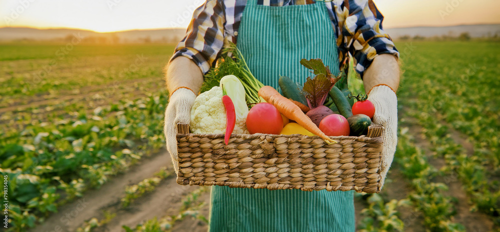 Illustration of a young man holding a basket of fresh, colorful vegetables in a serene rural setting. Generative Ai. - obrazy, fototapety, plakaty 