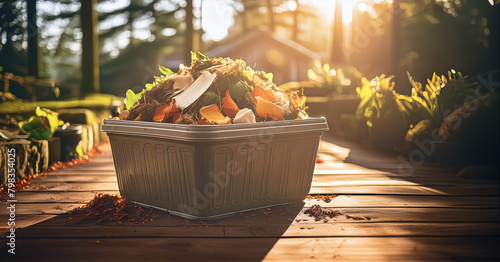 Illustration of a compost bin full of organic waste, ready for ecological recycling in an outdoor space. Generative AI