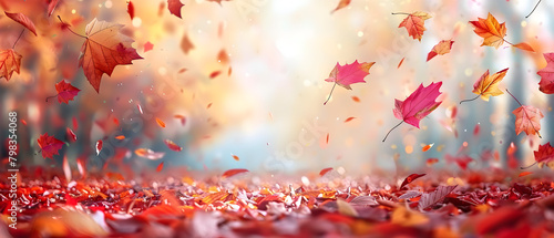 Autumn background with colorful leaves falling down, perfect for seasonal and nature-related content. photo