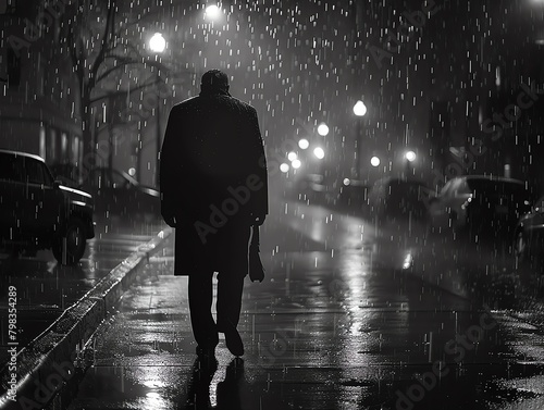 Noirinspired scene of a president walking alone down a rainsoaked street at night, reflecting inner conflict and the burden of leadership photo