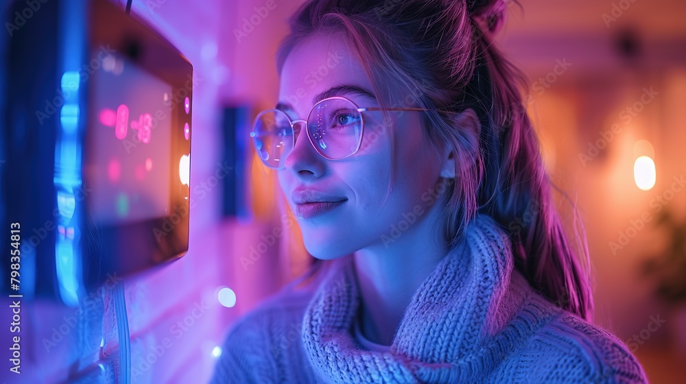 Home Energy Management: Girl Interacts with Smart Thermostat Home Energy Management: Girl Interacts with Smart Thermostat