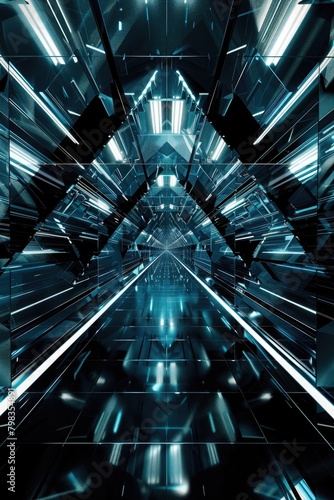 Design a futuristic backdrop with abstract silver arrows, blue lines, and shadows against a metallic black background