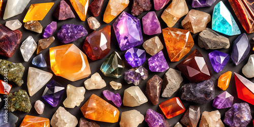 A lot of crystals and gemstones on a dark background. Natural minerals such as agate, amber, amethyst, quartz and others. A scattering of precious stones