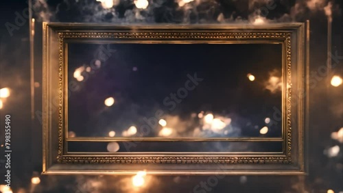 Golden, rectangular decorated picture frame with golden light dust particles moving around, dark background. photo