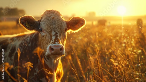 Curious Cattle Enhance a Farm's Landscape Under the Enchanting Glow of the Golden Hour