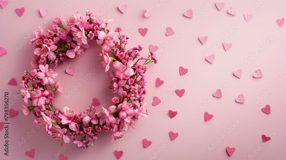 Celebrate Valentine s Day with a charming wreath crafted from pink flowers set against a pastel pink backdrop adorned with hearts This delightful scene captures the essence of Valentine s D Celebrate Valentine s Day with a charming wreath crafted from pink flowers set against a pastel pink backdrop adorned with hearts This delightful scene captures the essence of Valentine s D