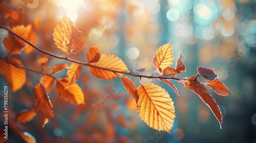 Autumn leaves on branch with warm bokeh and forest background.