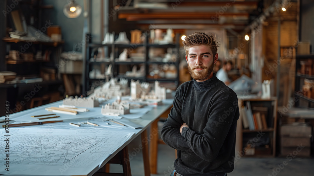 portrait of a young male architect in his architecture design studio office, with buildings 3D models, architectural firm, student - obrazy, fototapety, plakaty 