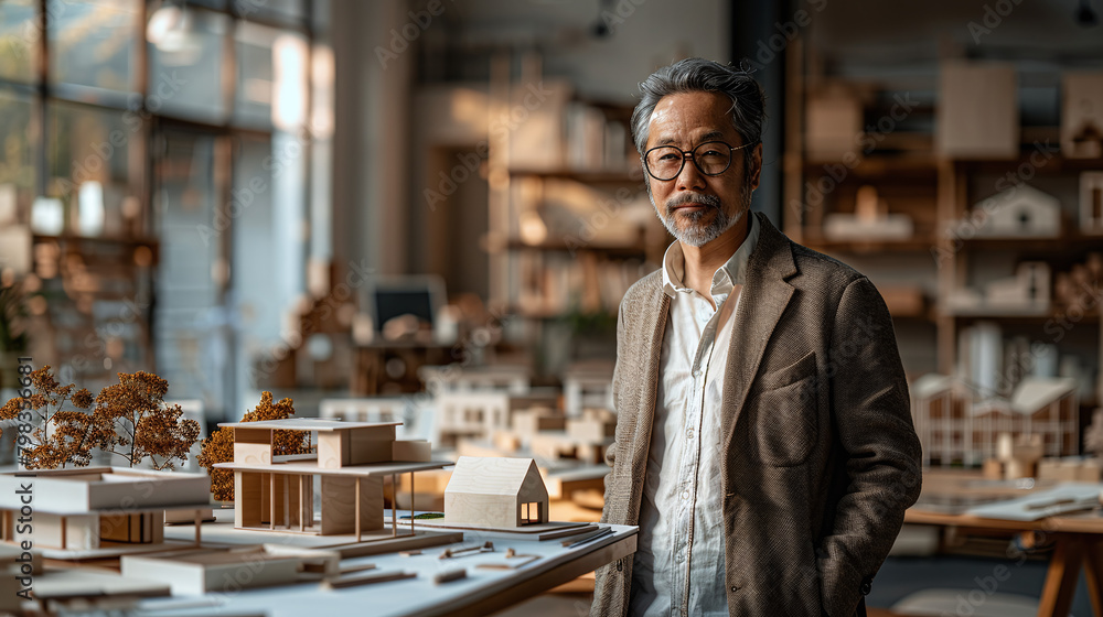 portrait of a mid-aged asian male architect in his architecture design studio office, with buildings 3D models, architectural firm, professional, portrait of a mid-aged asian male architect in his architecture design studio office, with buildings 3D models, architectural firm, professional,