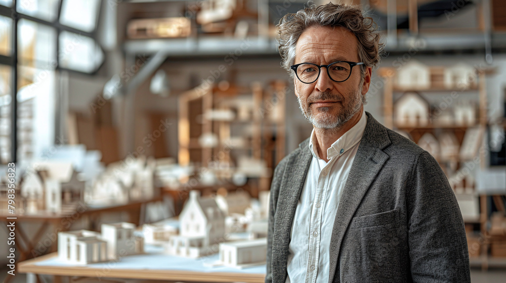 portrait of a mid-aged male architect in his architecture design studio office, with buildings 3D models, architectural firm, professional portrait of a mid-aged male architect in his architecture design studio office, with buildings 3D models, architectural firm, professional