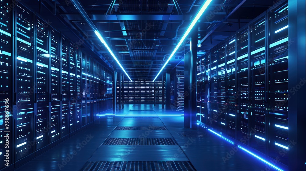Data center with rows of server racks under cool blue lights, a representation of modern digital infrastructure Data center with rows of server racks under cool blue lights, a representation of modern digital infrastructure