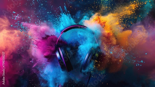 Design an image of headphones adorned with vibrant color powder splashes, creating a dynamic and visually appealing composition