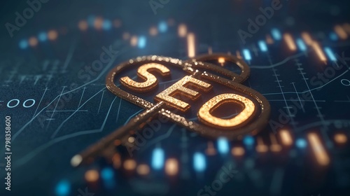 A golden key with the term SEO on a high-tech blueprint background representing strategic online optimization