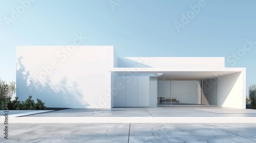 Contemporary white house, spacious yard, AI generated image.