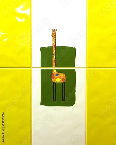 Painting of a giraffe on a green and yellow background in a rectangular frame