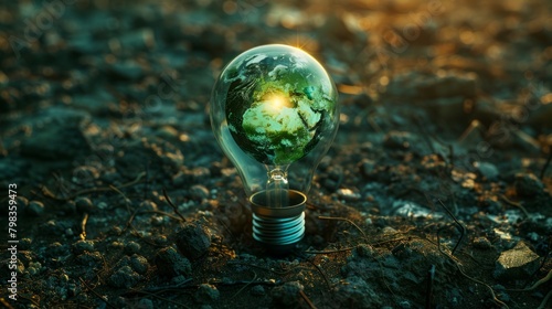 Green world map shines within clear light bulb on soil.