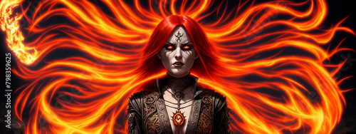 Woman with flaming flying red hair and fiery eyes in rich clothes with jewelry on a dark background. Illustration with a frightening girl with a burning hairstyle.