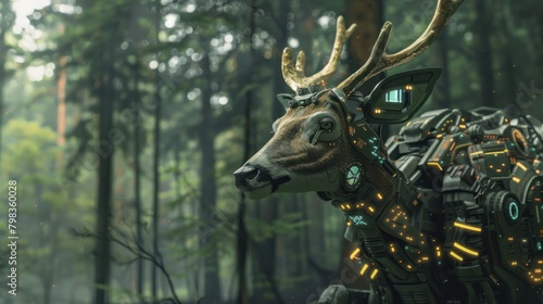 Future futuristic deer head with forest background, AI generated image. photo