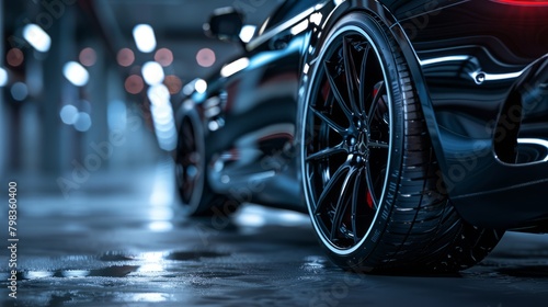Sleek car wheels against textured dark industrial background. © Lifia