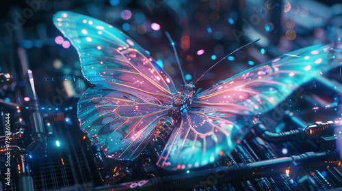 Within the circuits of a futuristic AI, a holographic butterfly materializes, its presence a whimsical anomaly amidst the cold logic of the machine mind. photo