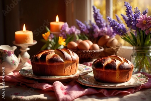 Traditional easter bread on table with flowers  traditional springtime festive holiday celebration decoration
