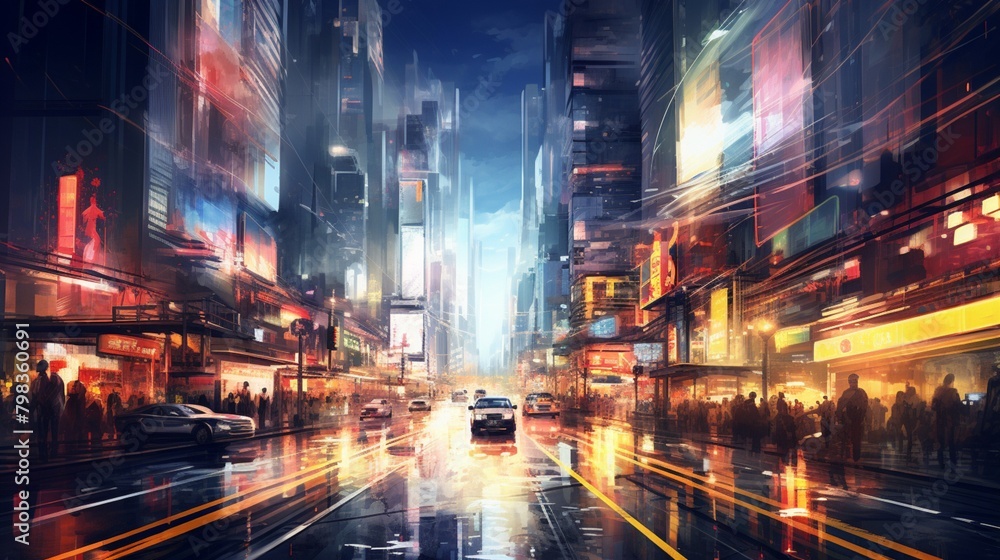 A bustling city street at night, alive with neon lights and the blur of passing cars, creating a vibrant urban energy. 